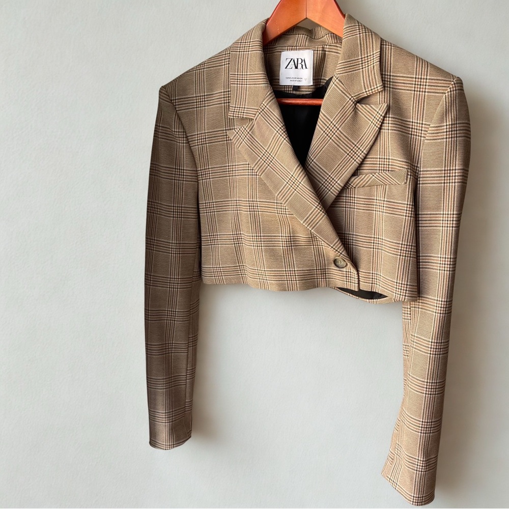 Zara Cropped Checked Blazer with Notched Lapels Padded Shoulders